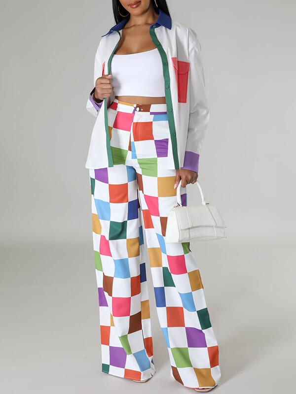Set aus Hemd und Hose mit Farbblockdesign und weitem Bein – Ausverkauf