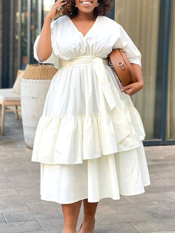 Robe unie à col en V et à nouer - Liquidation