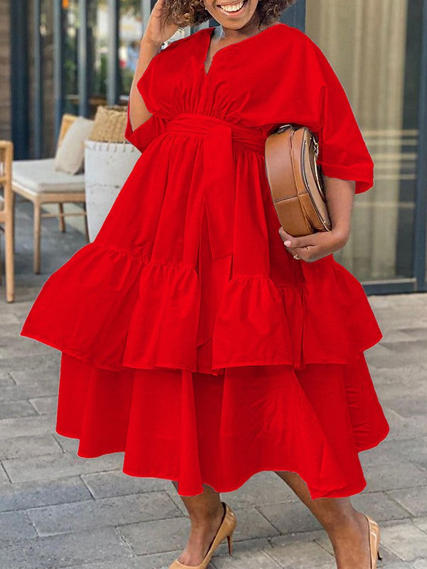 Robe unie à col en V et à nouer - Liquidation