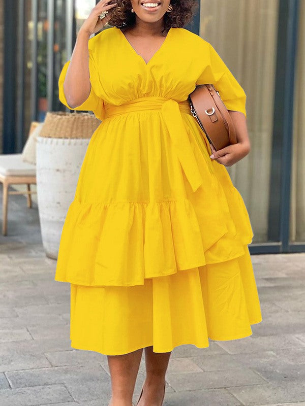 Robe unie à col en V et à nouer - Liquidation