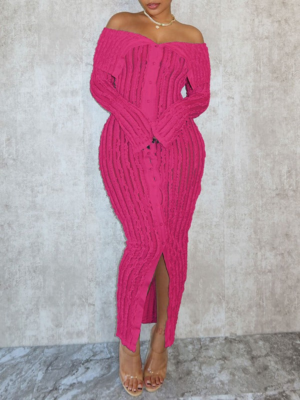 Schulterfreies, gerüschtes Kleid mit Knopfleiste vorne