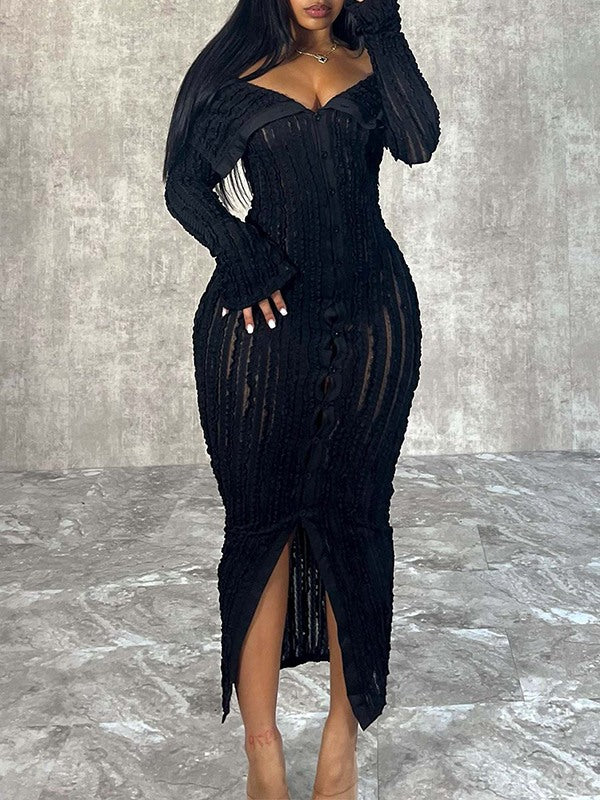 Schulterfreies, gerüschtes Kleid mit Knopfleiste vorne