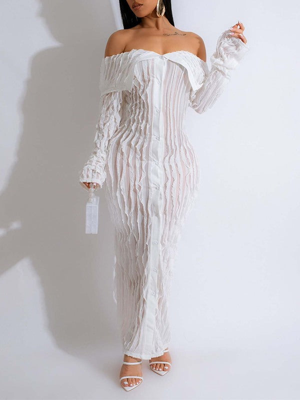 Schulterfreies Kleid mit Knopfleiste und Rüschen vorne – Ausverkauf