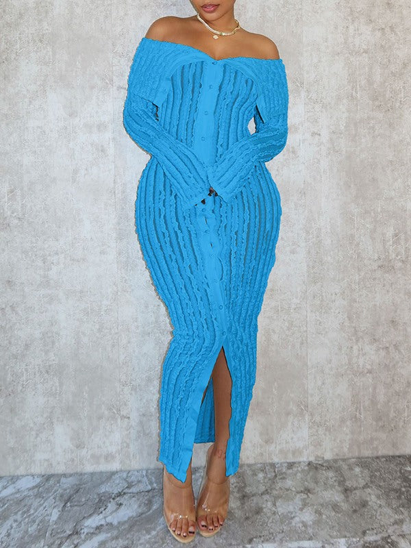 Schulterfreies Kleid mit Knopfleiste und Rüschen vorne – Ausverkauf