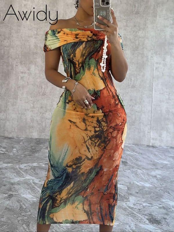 Printed Off-Shoulder Dress Orange