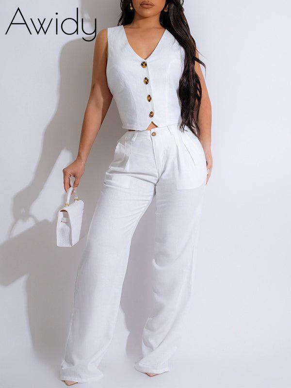 Button-Front Vest & Pants Set White