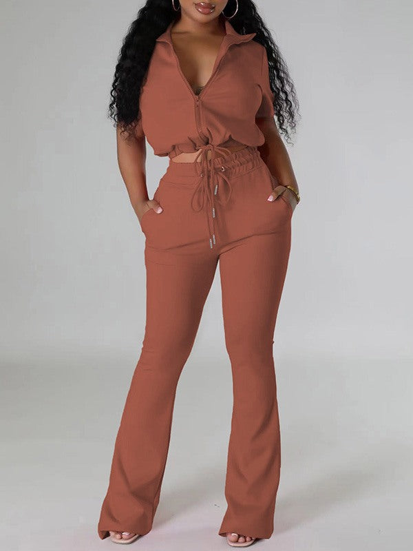 Ensemble haut zippé uni et pantalon à cordon de serrage