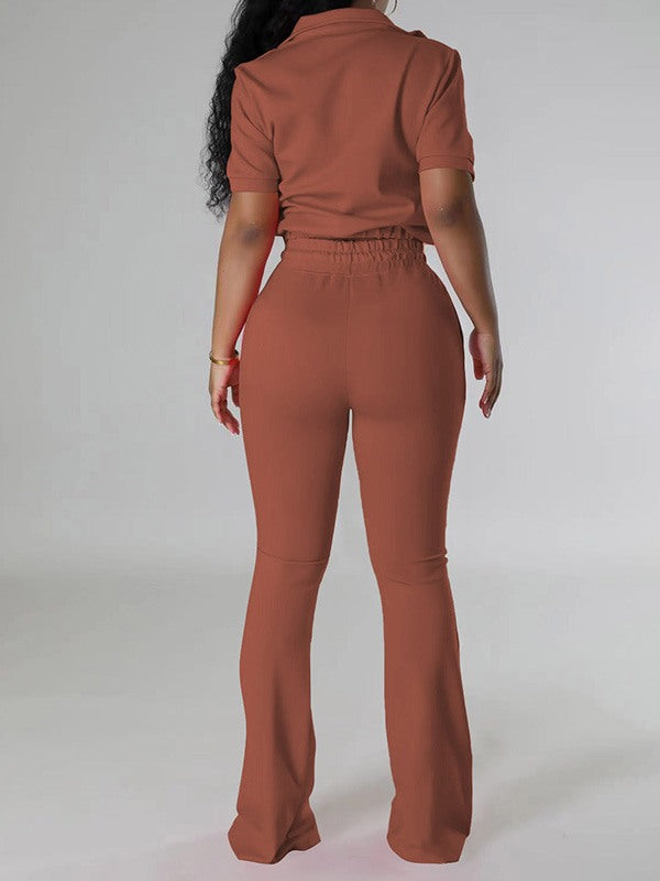 Ensemble haut zippé uni et pantalon à cordon de serrage