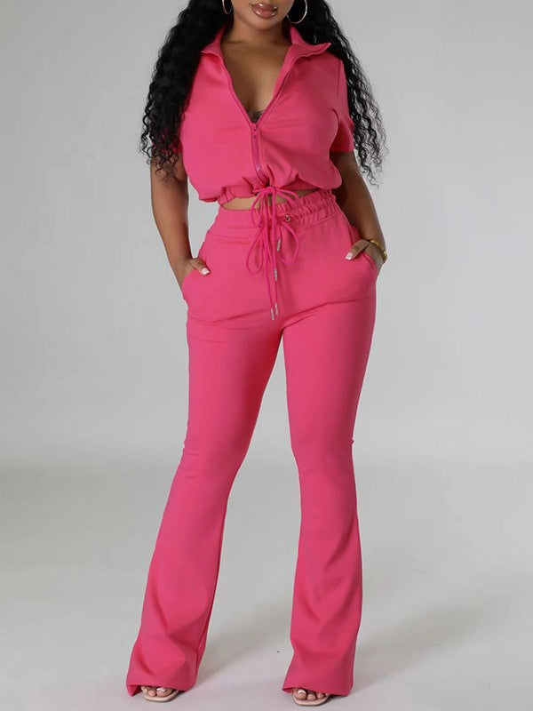 Ensemble haut zippé uni et pantalon à cordon de serrage