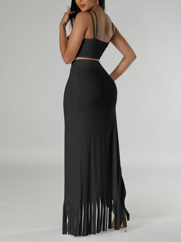 Solid Cami Top & Fringe Skirt Set--Clearance