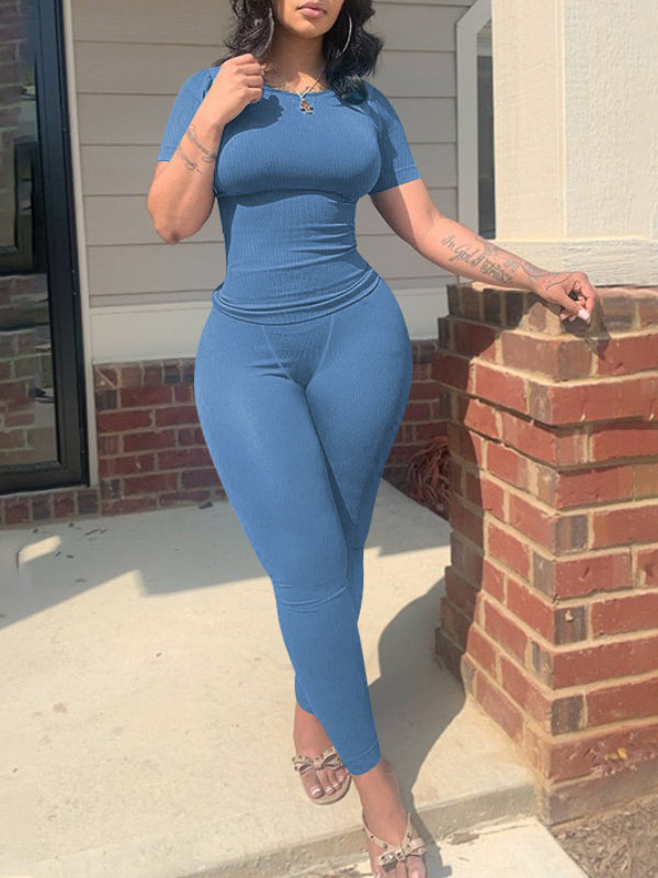 Solid Ribbed Pants Set--Clearance