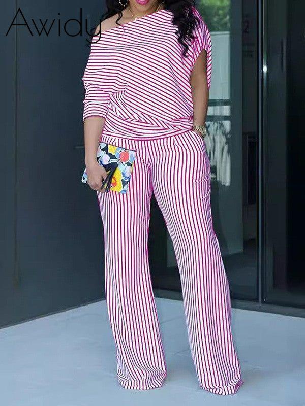 Stripe Boat-Neck Top & Pants Set Red