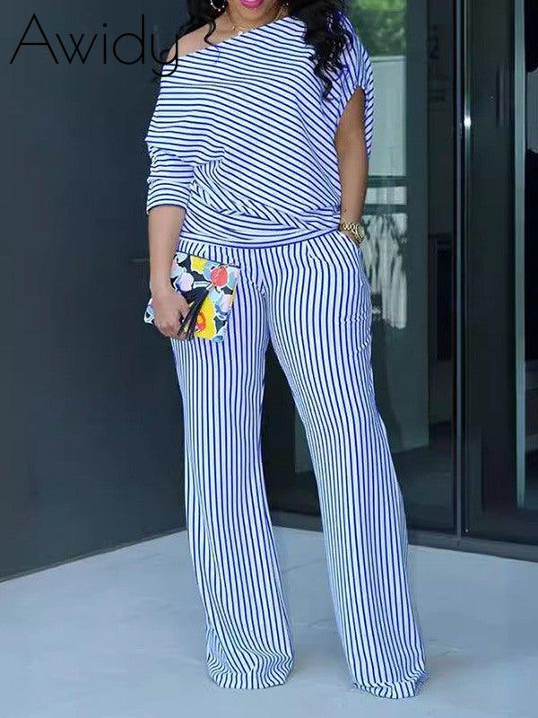 Stripe Boat-Neck Top & Pants Set Blue