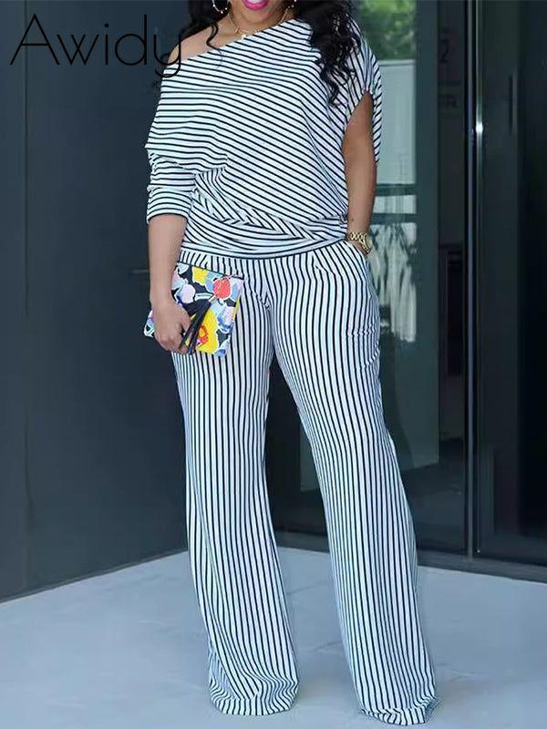 Stripe Boat-Neck Top & Pants Set White
