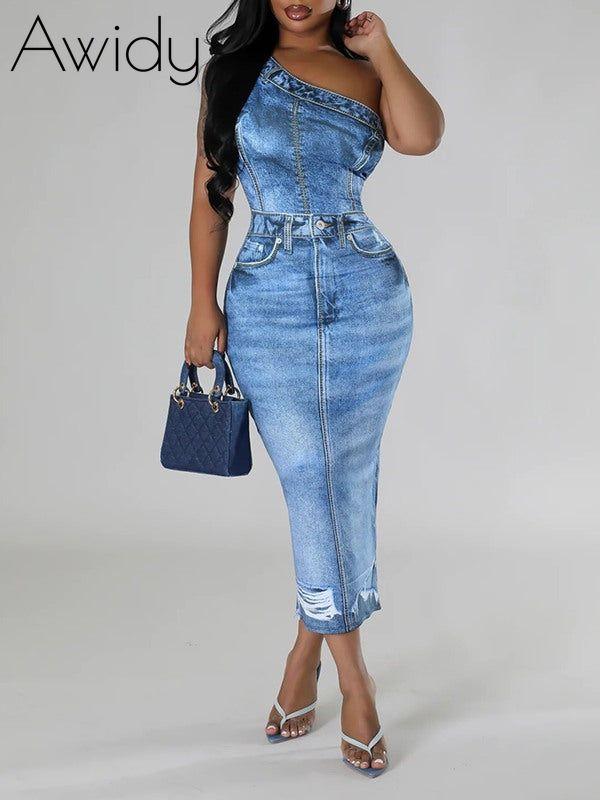 Printed One-Shoulder Dress Blue