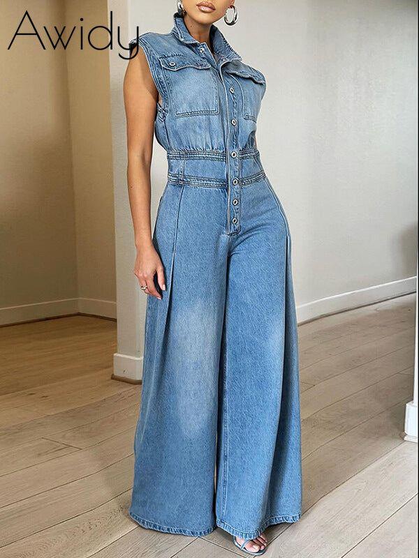 Button-Front Denim Jumpsuit Medium Wash Blue