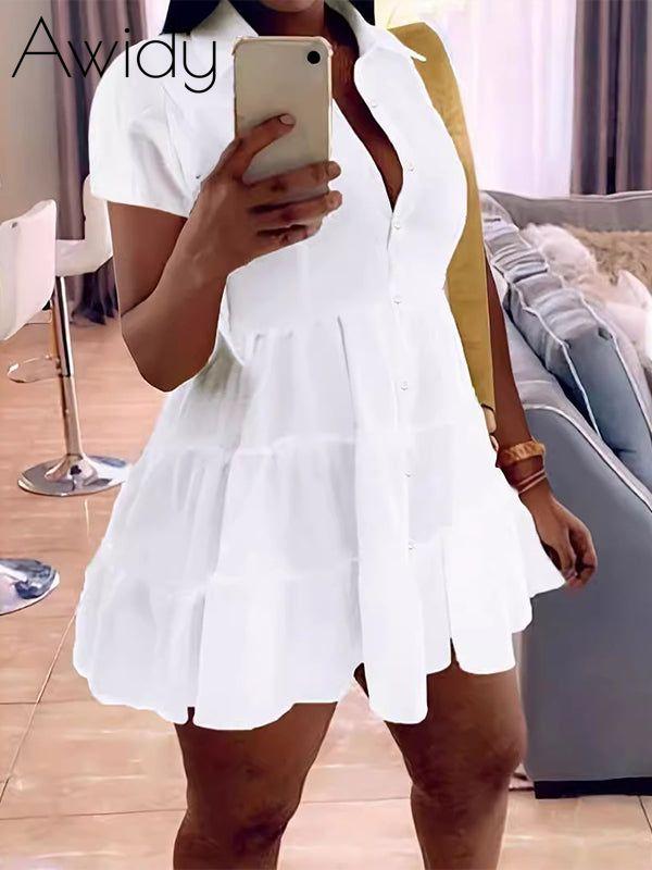 Short-Sleeve Ruffle Shirt Dress White