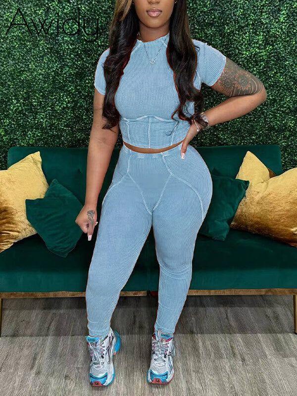 Ribbed Tee & Pants Set Icy Blue