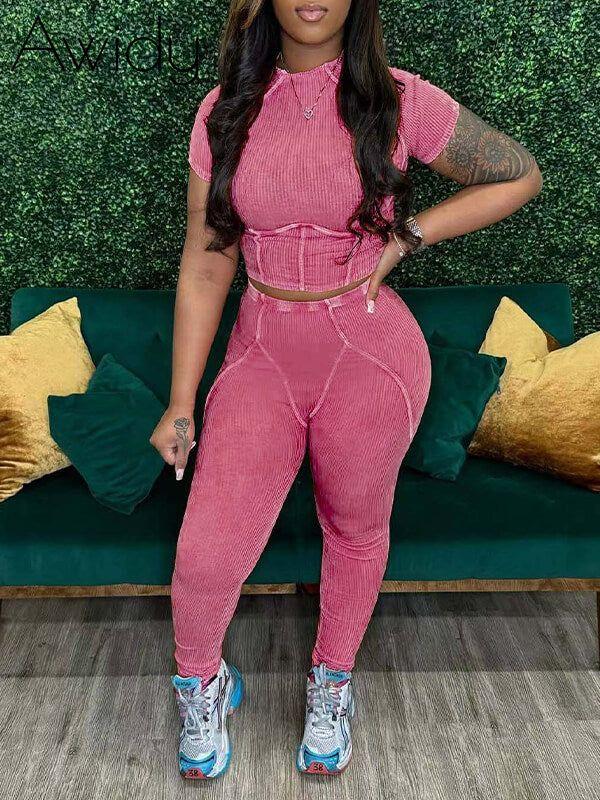 Ribbed Tee & Pants Set Hot Pink