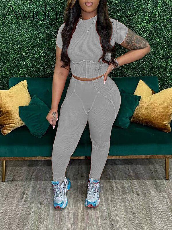 Ribbed Tee & Pants Set Gray