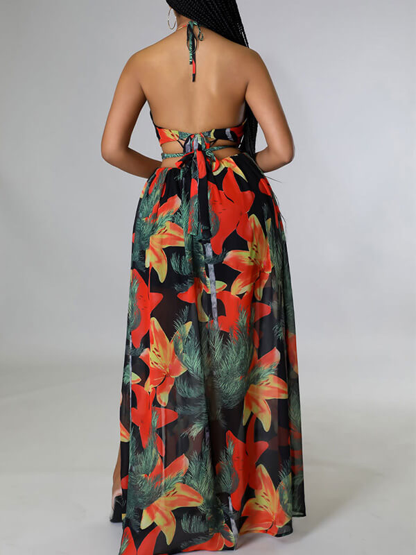 Indiebeautie – Bedrucktes Neckholder-Kleid mit Schlitz