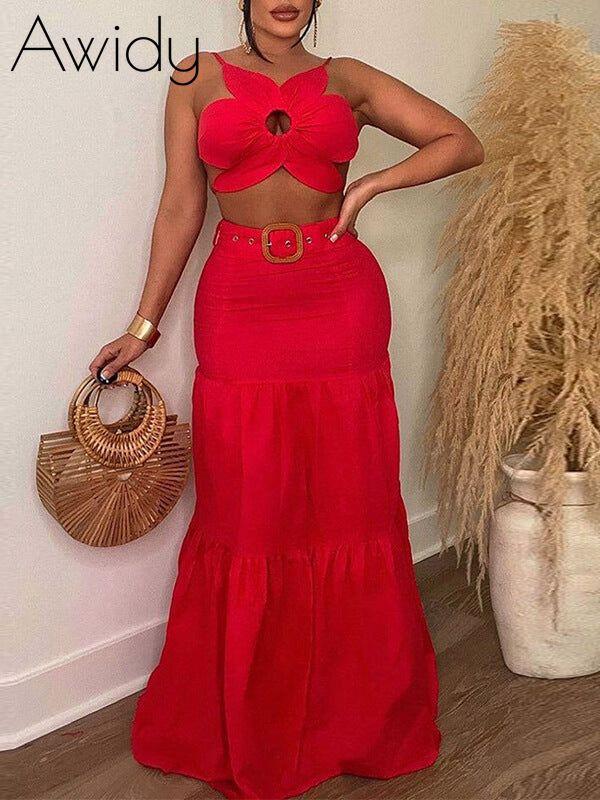 Floral Tied Top & Belted Skirt Set Red