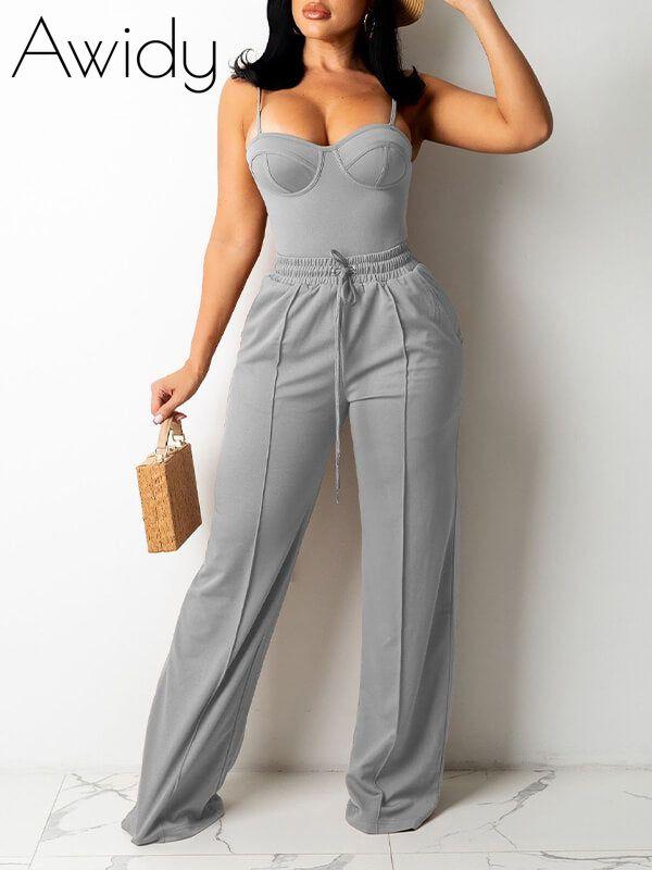 Solid Cami Top & Wide-Leg Pants Set Gray