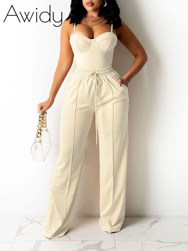 Solid Cami Top & Wide-Leg Pants Set Beige