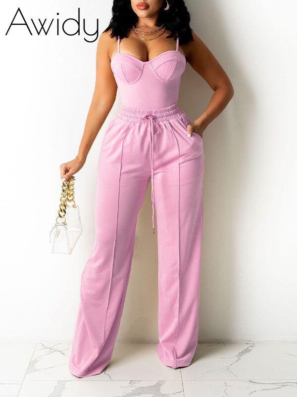 Solid Cami Top & Wide-Leg Pants Set Pink
