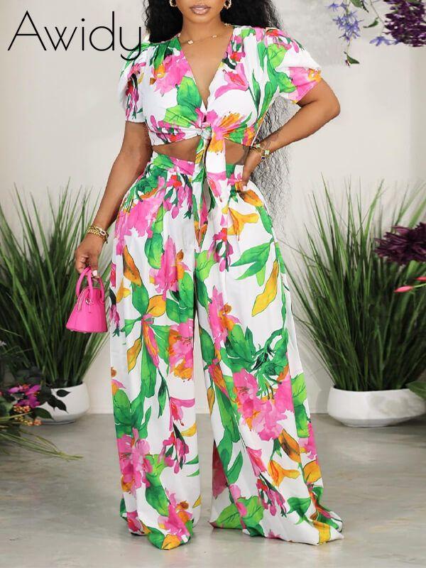 Printed Tied Top & Wide-Leg Pants Set--Clearance Green 3XL