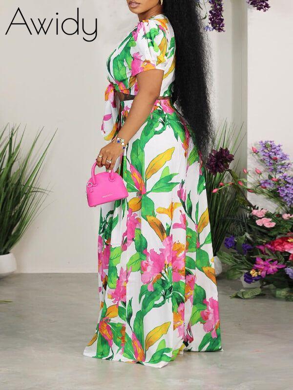 Printed Tied Top & Wide-Leg Pants Set--Clearance