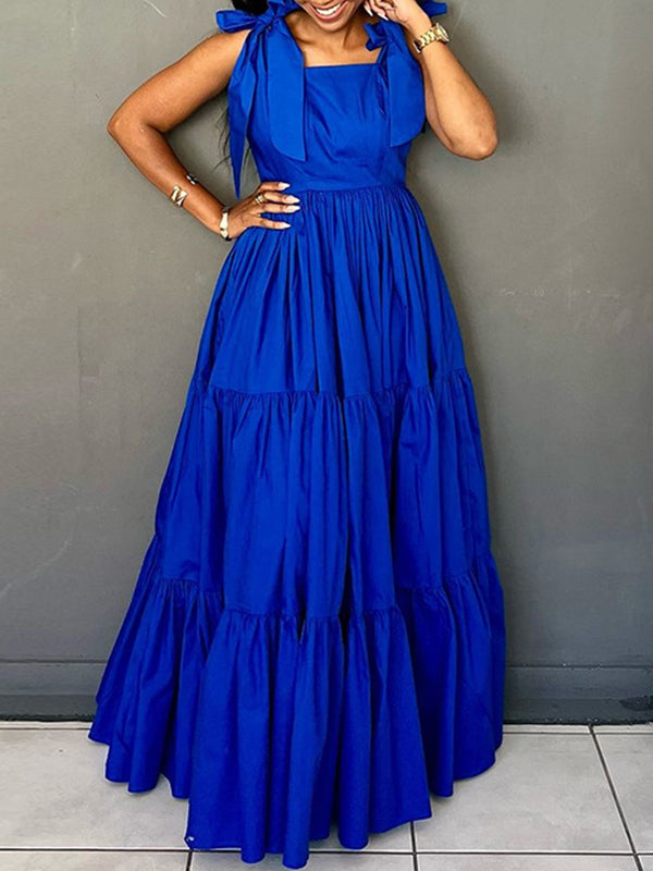 Einfarbiges Rüschenkleid mit gebundenen Schultern