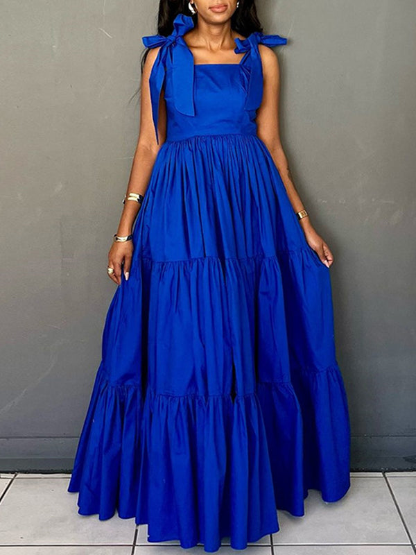 Einfarbiges Rüschenkleid mit gebundenen Schultern