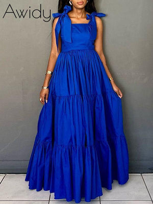 Solid Tie-Shoulder Ruffle Dress Blue