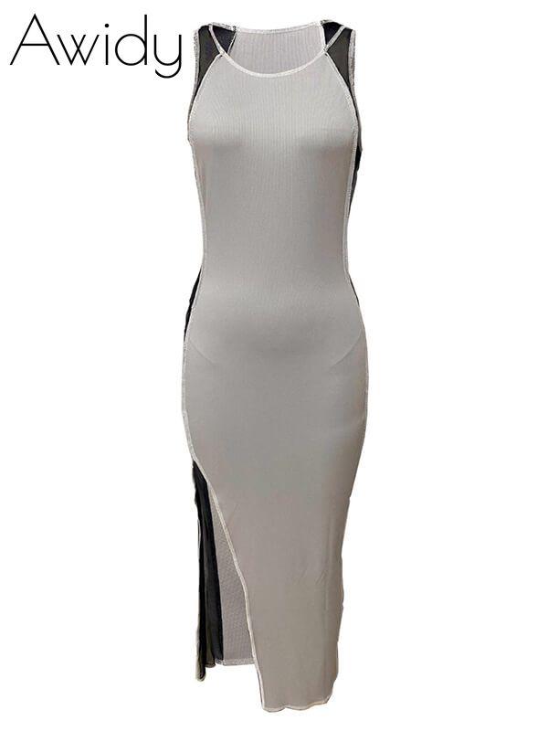 Ribbed Sleeveless Slit Dress