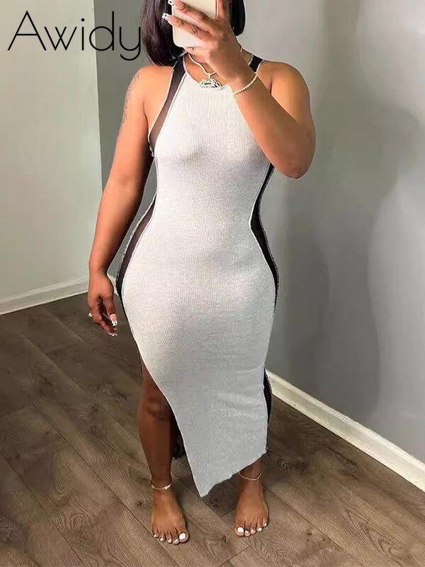Ribbed Sleeveless Slit Dress Light Gray