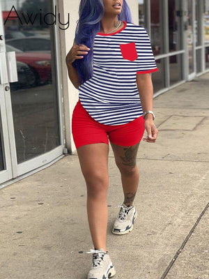 Stripe Tee & Shorts Set Red