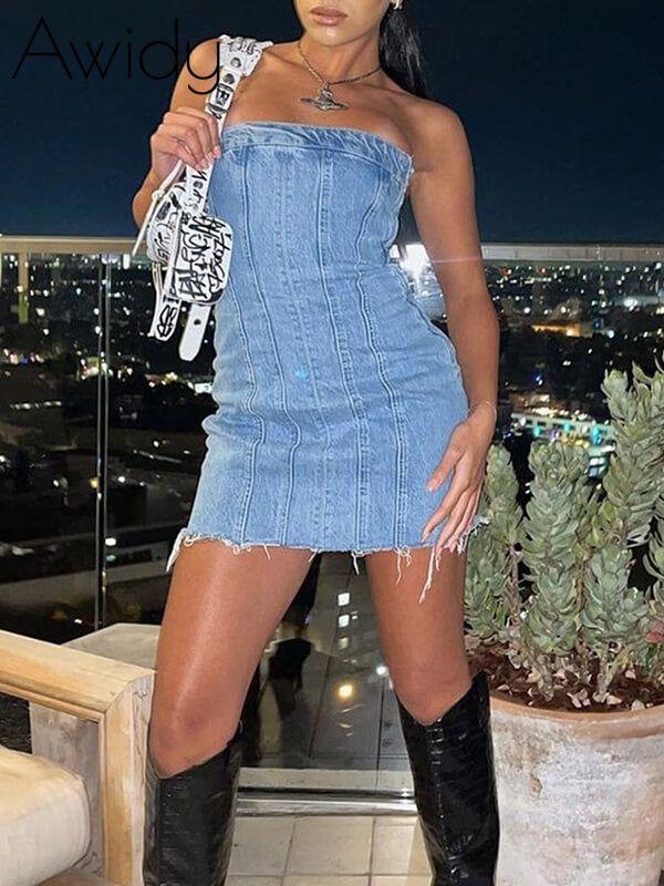 Strapless Denim Dress Light Wash Blue