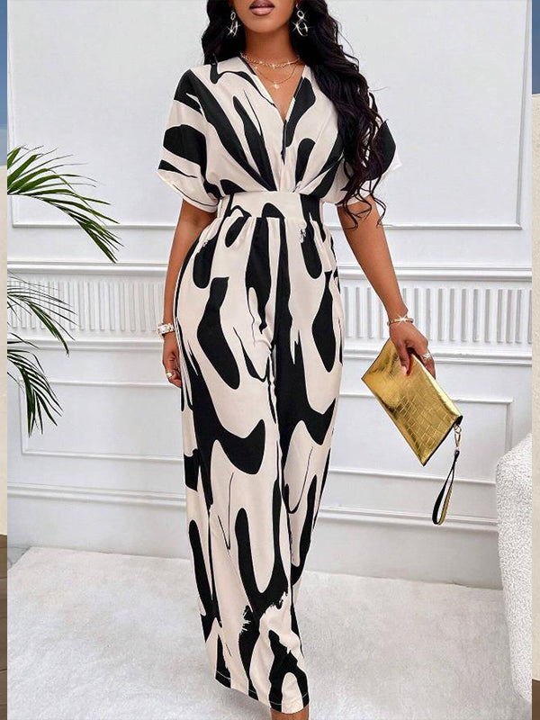 Bedruckter Jumpsuit mit V-Ausschnitt und weitem Bein