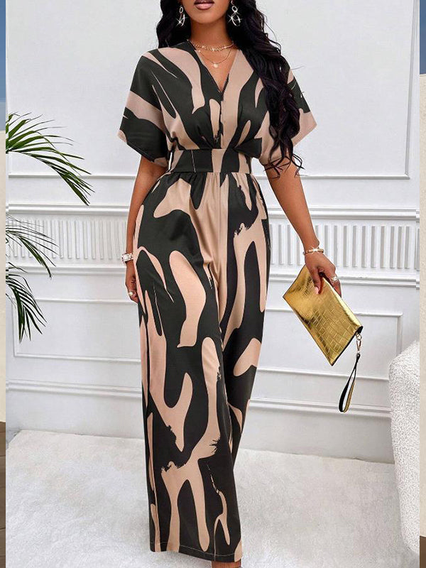 Bedruckter Jumpsuit mit V-Ausschnitt und weitem Bein