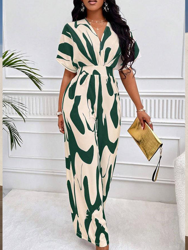 Bedruckter Jumpsuit mit V-Ausschnitt und weitem Bein