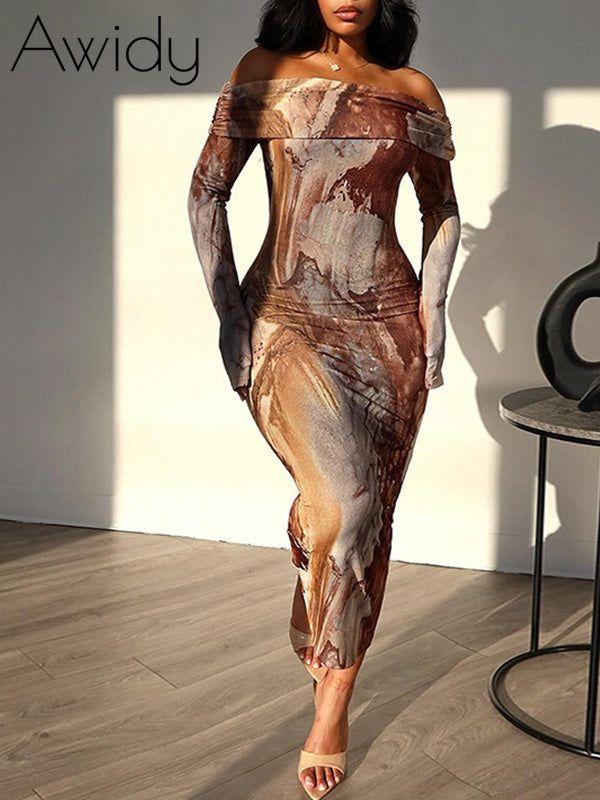 Printed Off-Shoulder Dress--Clearance Brown S