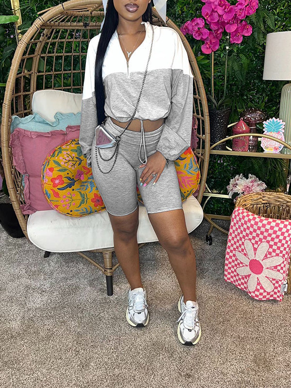 Two-Tone Zip Hoodie & Biker Shorts Set--Clearance