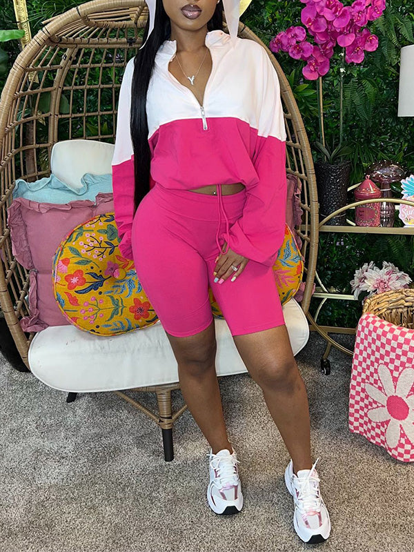 Two-Tone Zip Hoodie & Biker Shorts Set--Clearance