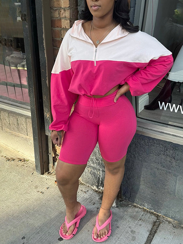 Two-Tone Zip Hoodie & Biker Shorts Set--Clearance