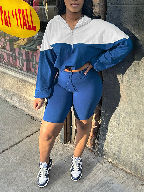 Two-Tone Zip Hoodie & Biker Shorts Set--Clearance