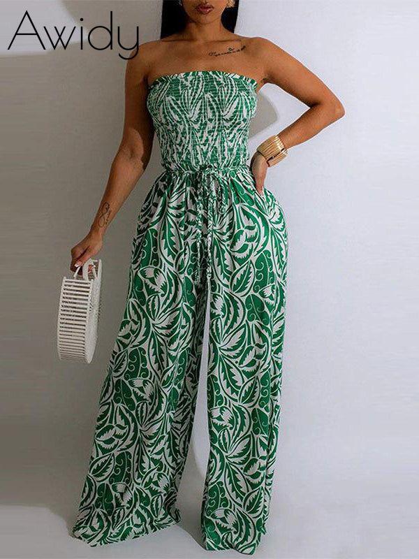 Printed Strapless Jumpsuit Green