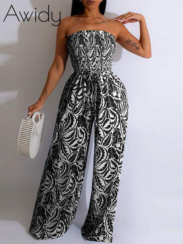 Printed Strapless Jumpsuit Black