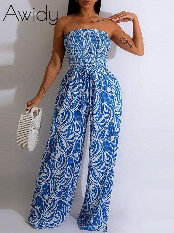Printed Strapless Jumpsuit Blue