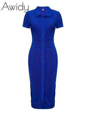 Solid Button-Front Ruched Dress